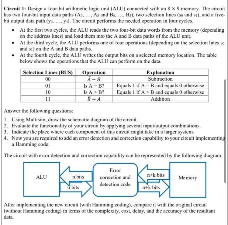 Solved Circuit 1: Design a four-bit arithmetic logic unit | Chegg.com