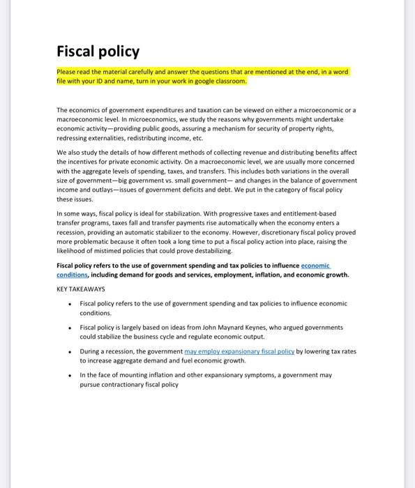 Solved Fiscal Policy Please Read The Material Carefully And | Chegg.com