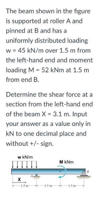 The beam shown in the figure is supported at roller \( A \) and pinned at B and has a uniformly distributed loading \( \mathr