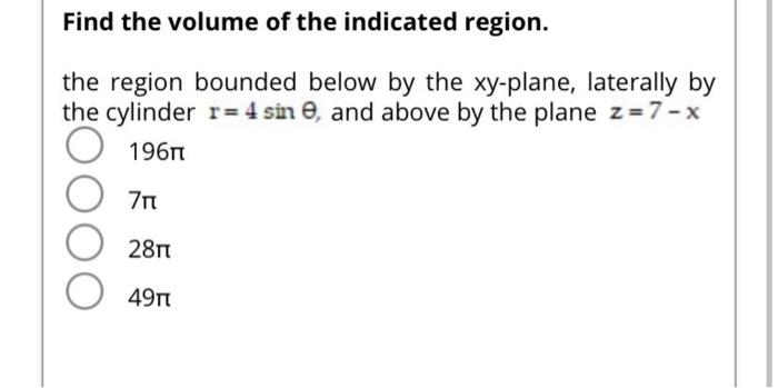 Solved Find the volume of the indicated region. the region | Chegg.com