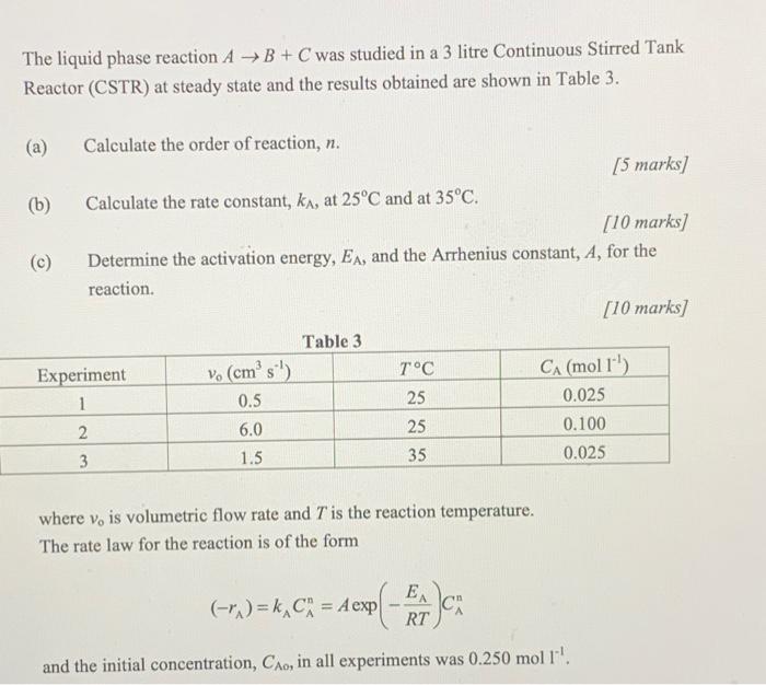 Solved The liquid phase reaction A B+C was studied in a 3 | Chegg.com