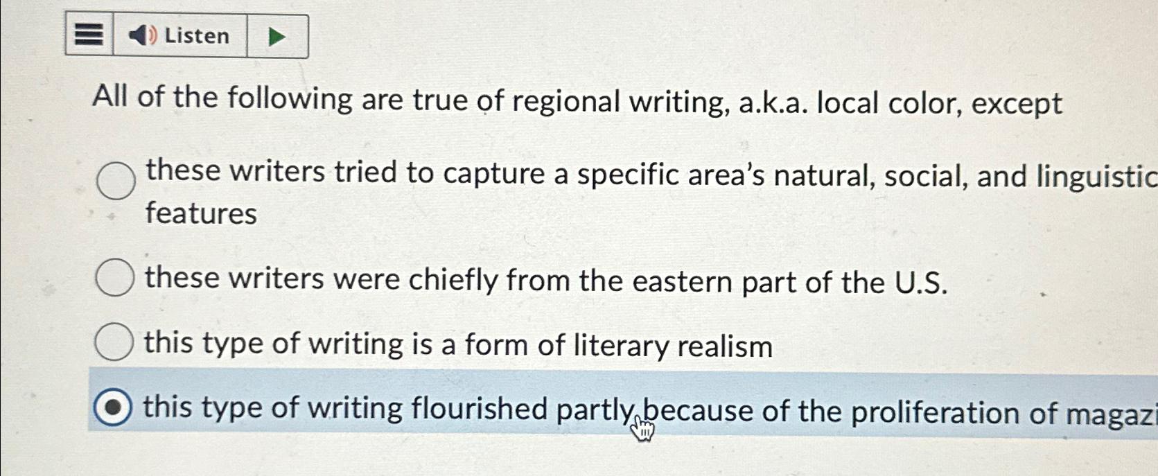Solved ListenAll of the following are true of regional | Chegg.com