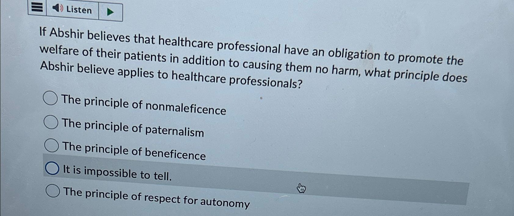 Solved ListenIf Abshir believes that healthcare professional | Chegg.com