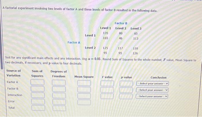 Solved A factorial experiment involving two levels of factor | Chegg.com