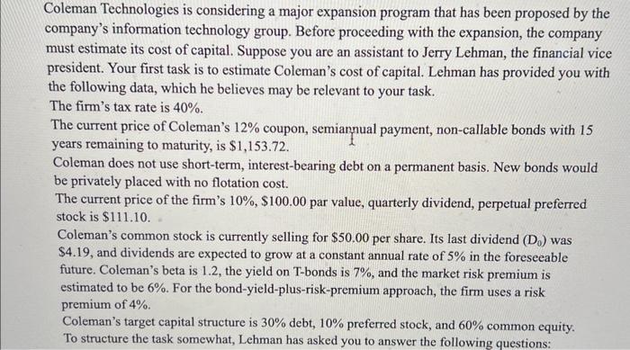 what is coleman's estimated cost of common equity using the capm approach