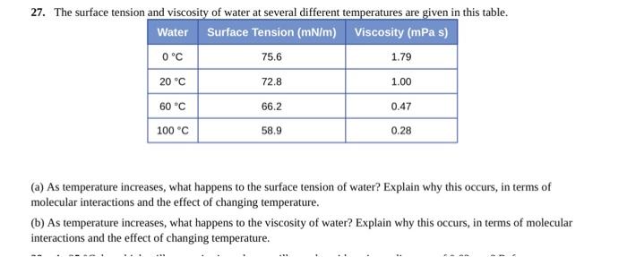 Solved 27. The surface tension and viscosity of water at | Chegg.com