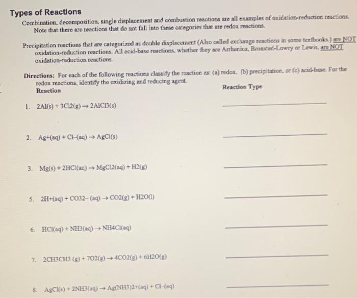 Solved Types of Reactions Combination, decomposition, single | Chegg.com