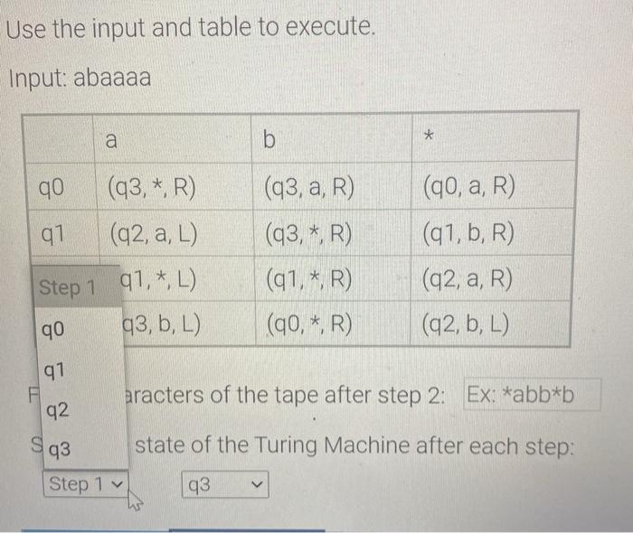 Solved Use The Input And Table To Execute. Input: Abaaaa B * | Chegg.com