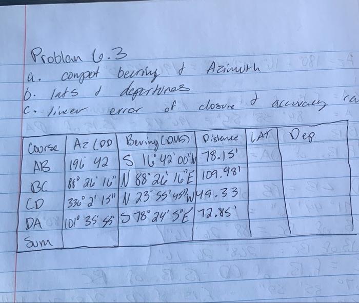 Solved Problem 6.3 a. Compute the bearings and the azimuths.