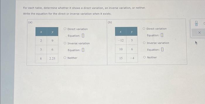Solved For each table, determine whether it shows a direct | Chegg.com