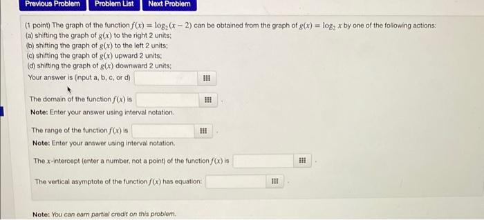 Solved 1 Point The Graph Of The Function F X Log2 X−2