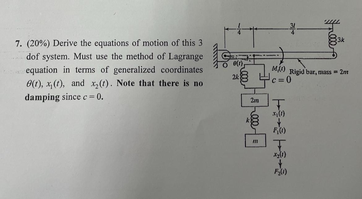 Solved (20%) ﻿Derive the equations of motion of this 3 ﻿dof | Chegg.com