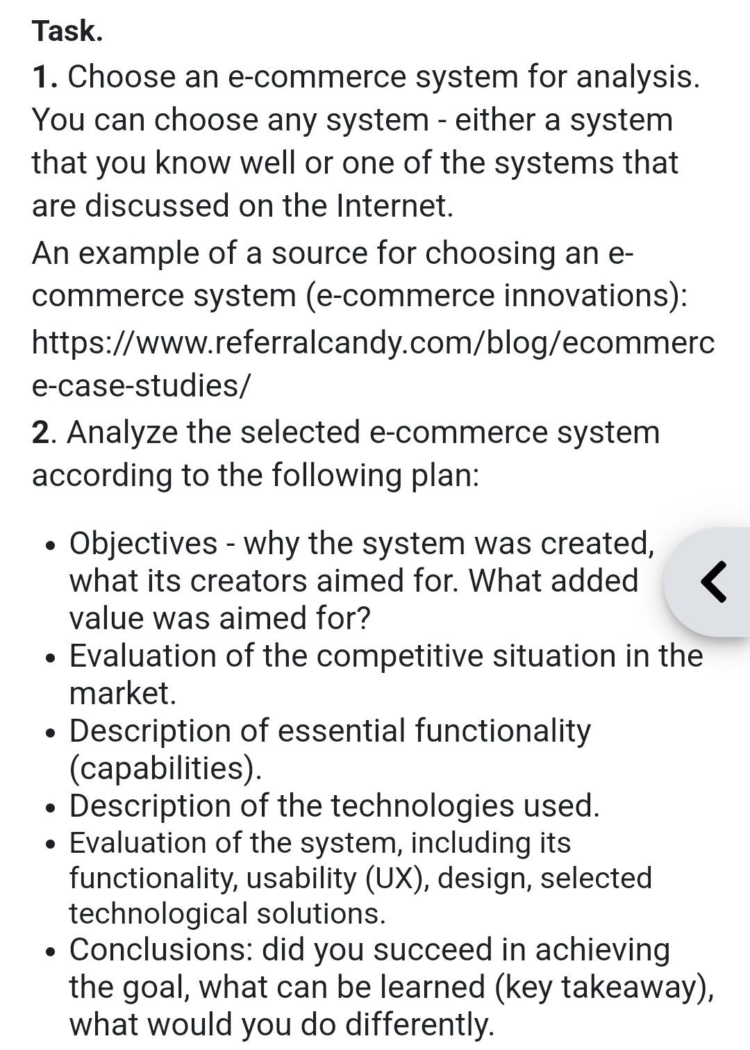 Solved Task. 1. Choose an e-commerce system for analysis. | Chegg.com