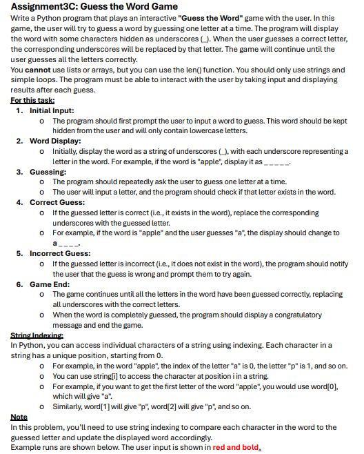 Solved Assignment3C: Guess the Word GameWrite a Python | Chegg.com