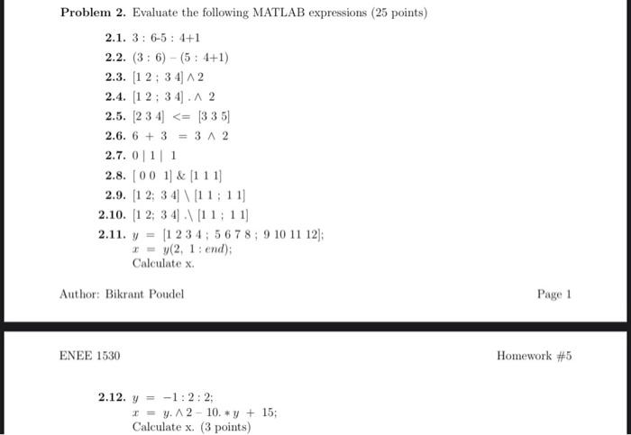 Solved Problem 2 Evaluate The Following Matlab Expressions 9890