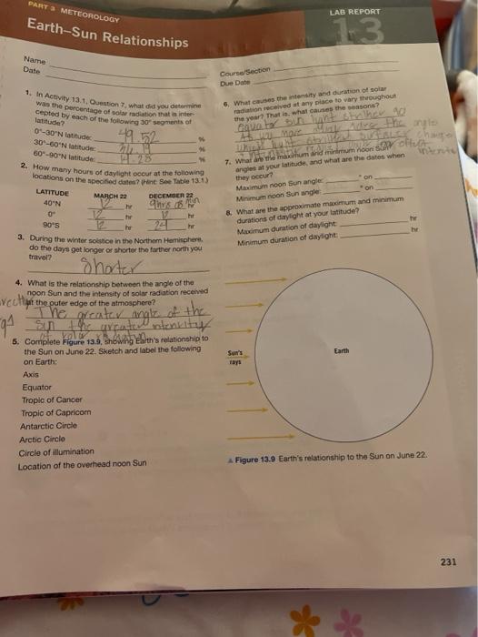 Solved Parts Meteorology Lab Report Earth Sun Relationships Chegg Com