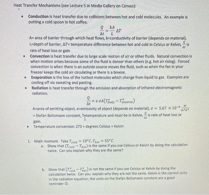 Solved Heat Transfer Mechanisms (see Lecture 5 In Media | Chegg.com