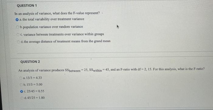 Solved QUESTION 1 In an analysis of variance, what does the | Chegg.com