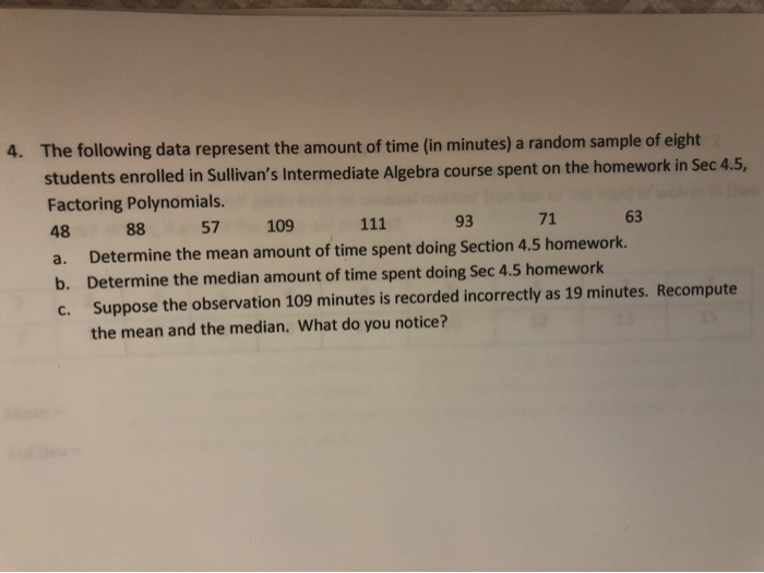Solved 71 4. The following data represent the amount of time | Chegg.com