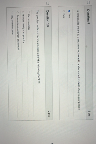 Solved Question 92 ﻿ptsTo essentialize means to paint a | Chegg.com