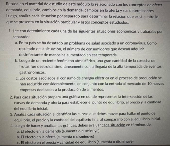 Repasa en el material de estudio de este módulo lo relacionado con los conceptos de oferta, demanda, equilibrio, cambios en l