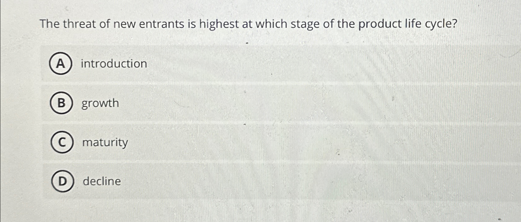 Solved The threat of new entrants is highest at which stage | Chegg.com