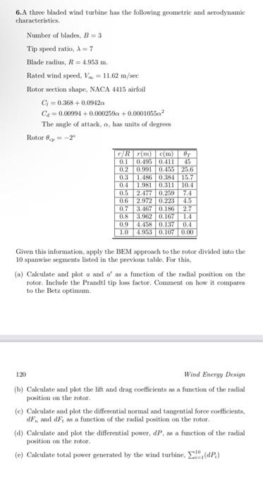 Solved 6. A three bladed wind turbine has the following | Chegg.com