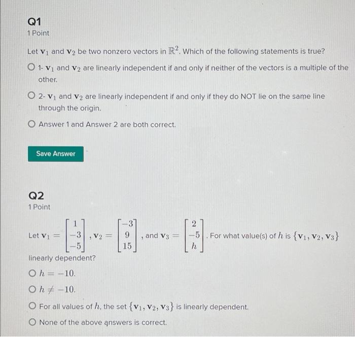 Solved Q1 1 Point Let V₁ and V₂ be two nonzero vectors in | Chegg.com