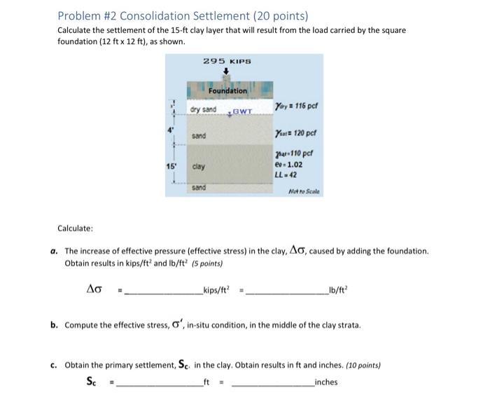 Problem \#2 Consolidation Settlement ( 20 points)
Calculate the settlement of the \( 15-\mathrm{ft} \) clay layer that will r