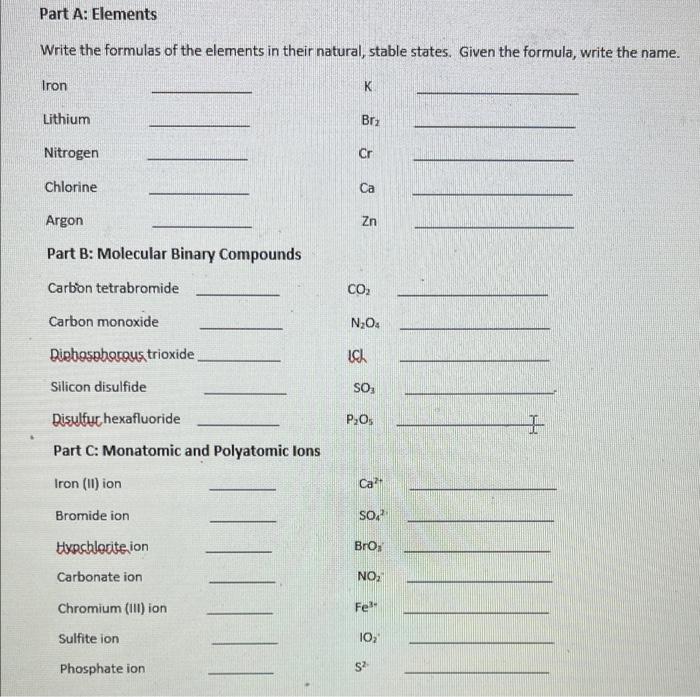 Solved Part A: Elements Write the formulas of the elements | Chegg.com