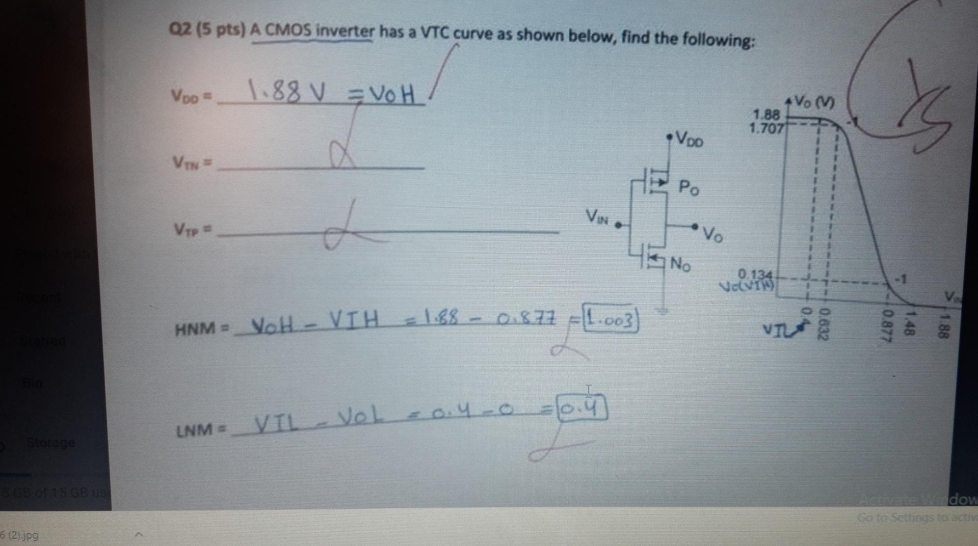 Q2 (5 pts) A CMOS inverter has a VTC curve as shown below, find the following:
\[
\text { LNM }=\text { VIL }-V 0 L=0.4-0=0.4