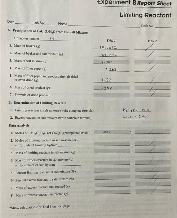 Experiment 8 Report Sheet Limiting Reactant Date Lab | Chegg.com