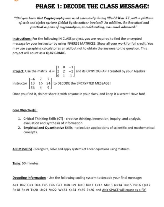 Solved Phase 1 Decode The Class Message Did You Know T Chegg Com