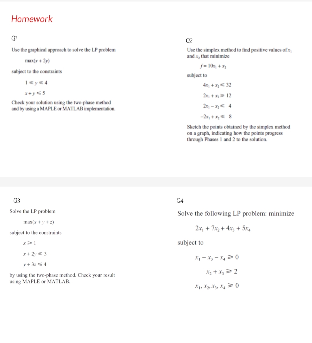 Solved Homework use matlab Q1Use the graphical approach to | Chegg.com
