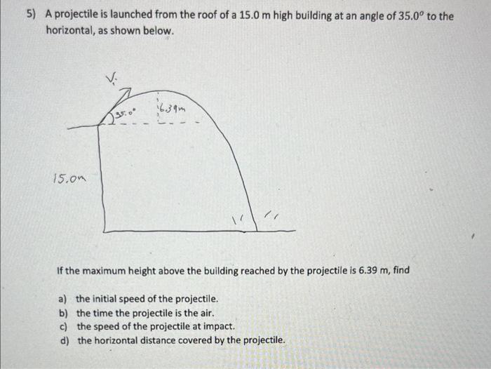 Solved 5) A projectile is launched from the roof of a 15.0 m | Chegg.com