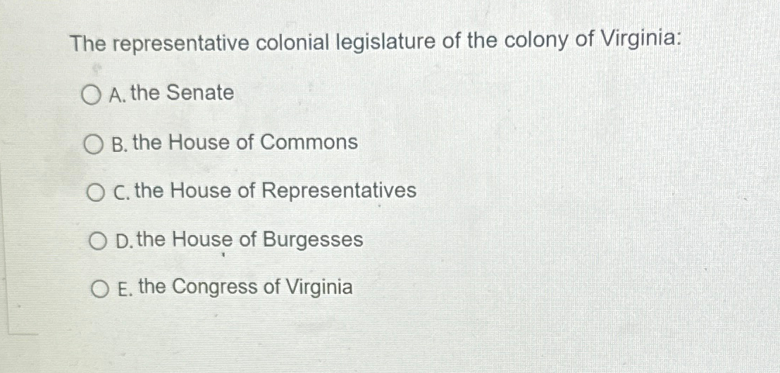 Solved The representative colonial legislature of the colony | Chegg.com