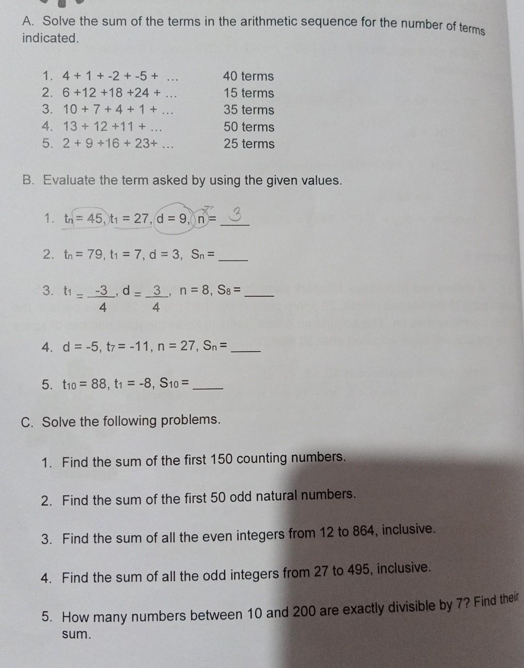 Solved A. Solve the sum of the terms in the arithmetic | Chegg.com