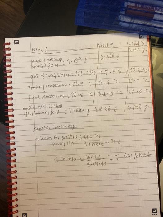 Solved Calorimetry ENERGY CONTENT OF FOOD Results Trial 1
