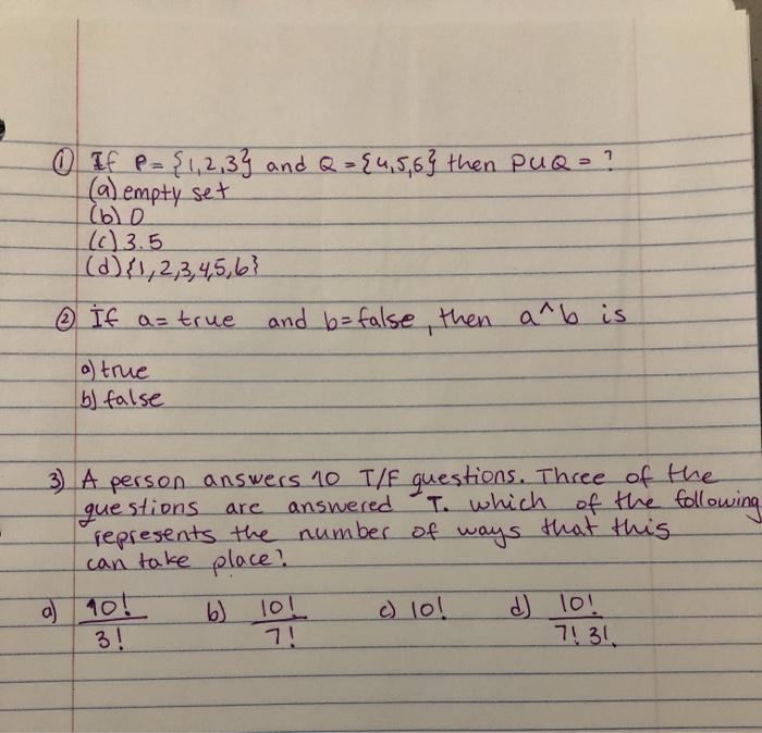 Solved 0 If P 1 2 3 And Q 4 5 6 Then Puq A Chegg Com
