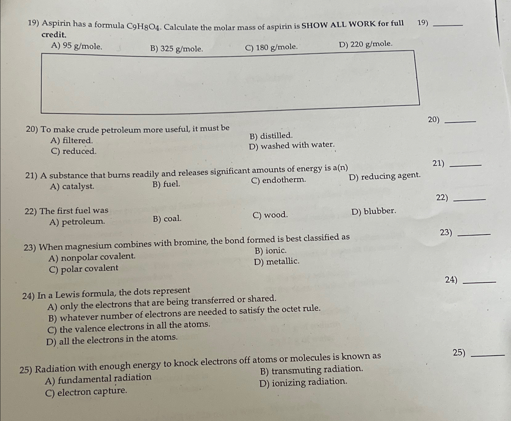 Aspirin has a formula C9H8O4. ﻿Calculate the molar