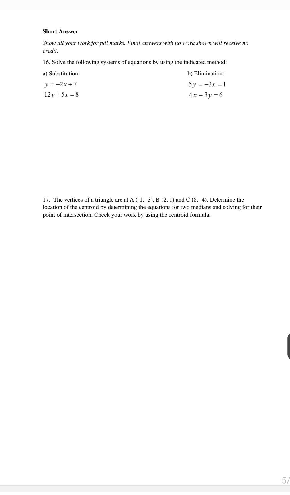Solved Short Answer Show all your work for full marks. Final | Chegg.com