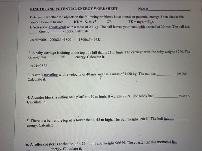 Solved KINETIC AND POTENTIAL ENERGY WORKSHEET Name: | Chegg.com