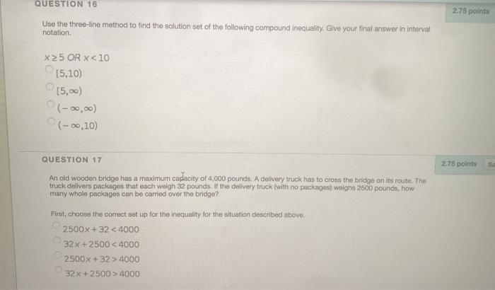 Solved QUESTION 16 2.75 points Use the three-line method to | Chegg.com