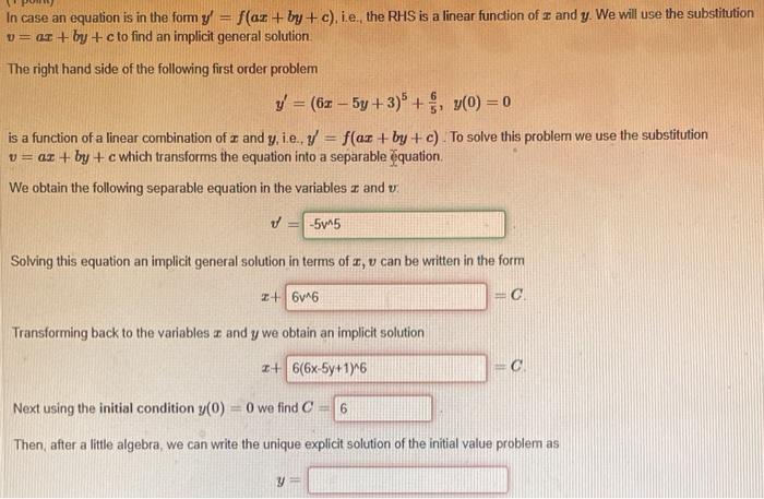 Solved In case an equalion is in the form y′=f(ax+by+c), | Chegg.com