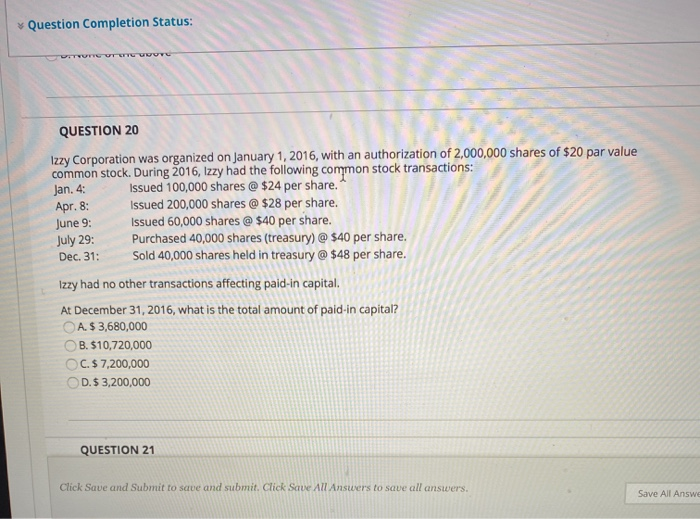 Solved * Question Completion Status: QUESTION 20 Izzy | Chegg.com