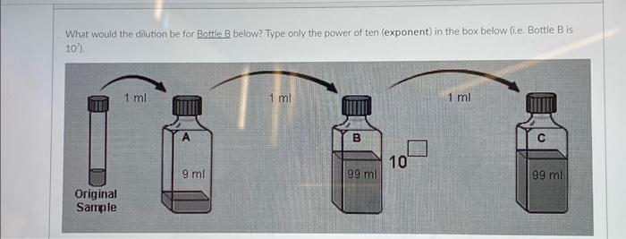 What would the dilution be for Bottle B below? Type only the power of ten (exponent) in the box below (i.e. Bottle B is \( \l