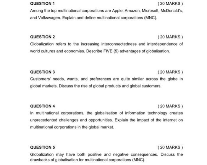 QUESTION 1 (20 MARKS) Among The Top Multinational | Chegg.com