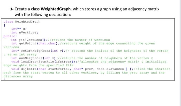 Solved 3- Create a class WeightedGraph, which stores a graph | Chegg.com