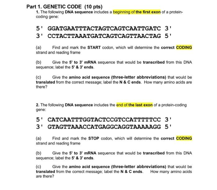 Solved Part 1. GENETIC CODE (10 pts) 1. The following DNA | Chegg.com
