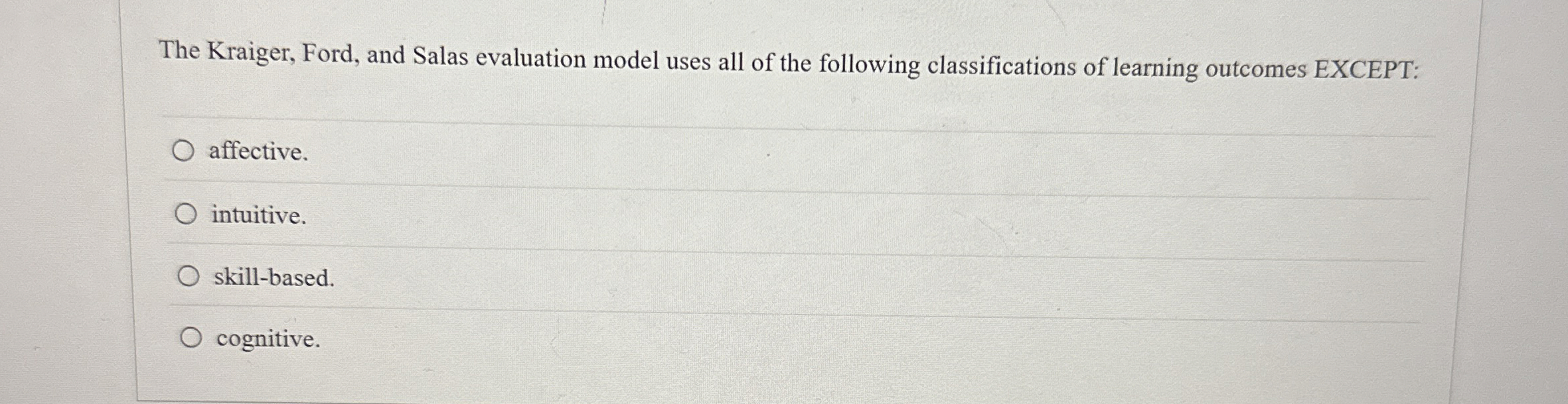 Solved The Kraiger, Ford, and Salas evaluation model uses | Chegg.com